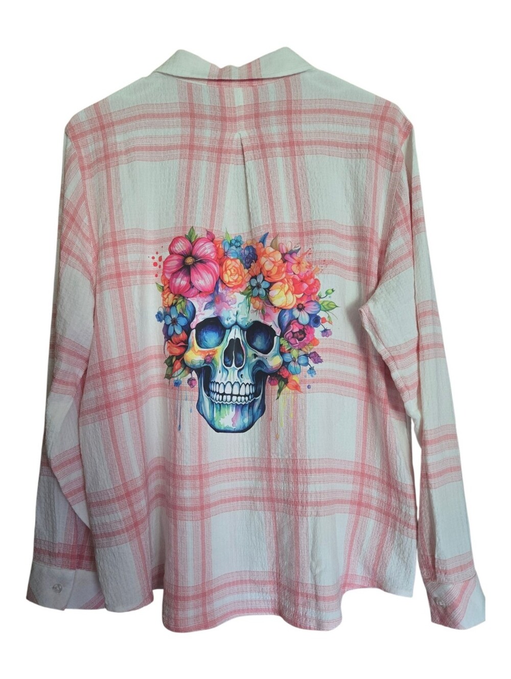 Upcycled Floral Skull Plaid Long Sleeve Shirt – Boho Art Apparel. LS01 - Picture 3 of 8